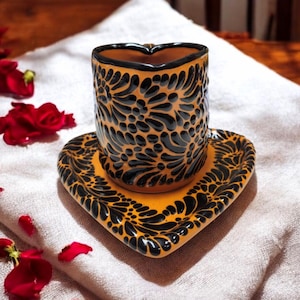 Talavera Heart Mug and Heart Plate Set | Brown & Black