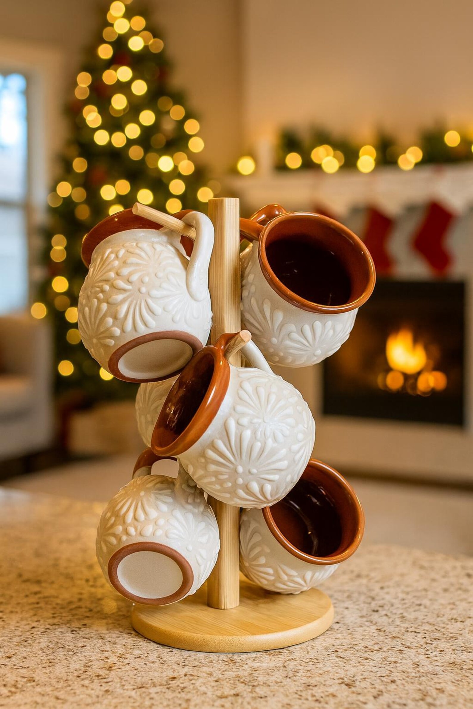 Talavera mug set of 6. 12oz. With tree stand | Soft white terracota rim | Lead free, dishwasher and microwave safe