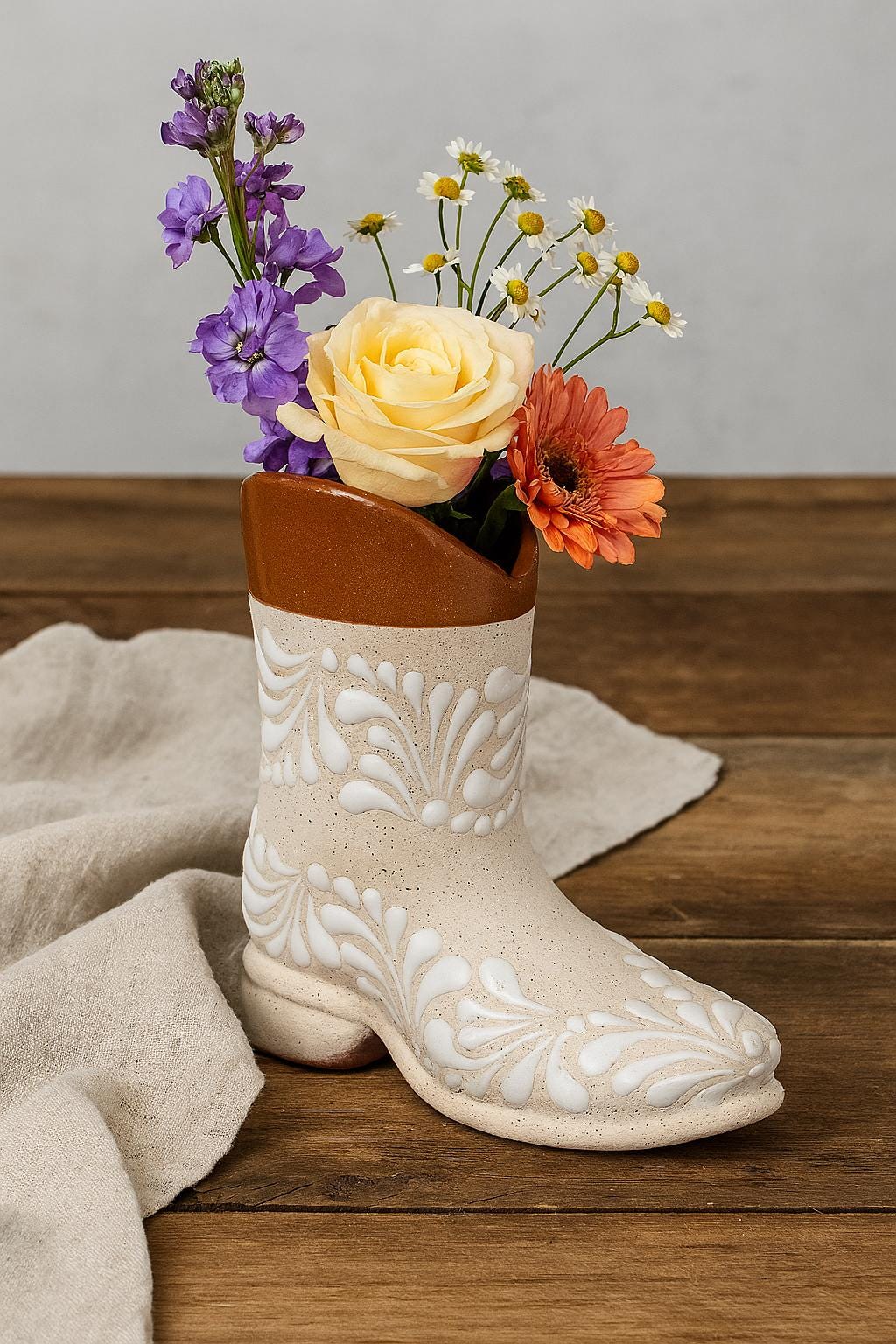 Handmade Talavera Flower Vase Boot | Pearl & Brown Rim - Etsy