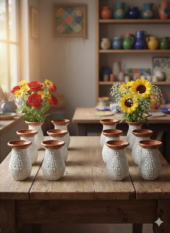 Talavera Set of 12 Flower Vases | White & Brown | 7x5” | Lead Free