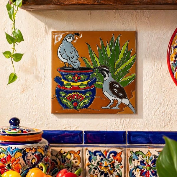 Talavera Quail & Agave Decorative Ceramic Tile – Handcrafted Mexican Art – 6” x 6” Wall Accent
