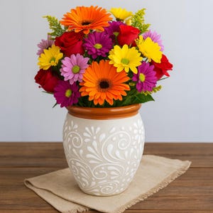 Puede incluir: Un vibrante arreglo floral en un jarrón crema con borde marrón. El ramo presenta gerberas naranjas, rosas rojas, margaritas amarillas y flores moradas. El jarrón descansa sobre una tela de arpillera beige sobre una superficie de madera.