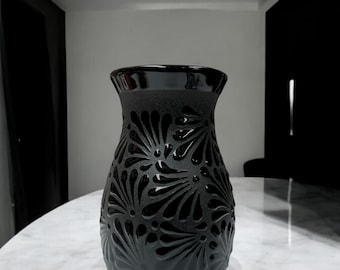 Hand Made & Hand Painted Black Flower Vase from Dolores Hidalgo
