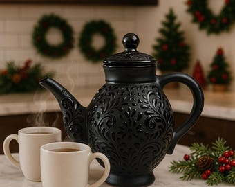 Handcrafted Mexican Talavera Tea Kettle Floral Design | Black & Black