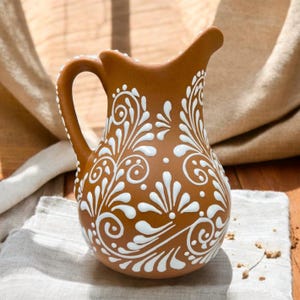 Mexican Handmade Pitcher Talavera Cielito Lindo Design | Brown & White