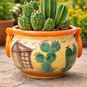 May include: A ceramic planter with a hand-painted desert scene, featuring cacti and a small building. The planter is filled with various green cacti and succulents. The planter has orange handles and rim.
