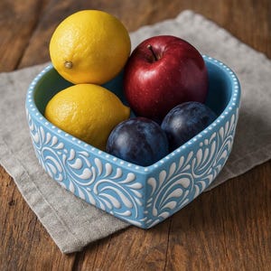 Traditional Mexican Talavera Heart Shaped Fruit Bowl (Multi-use) | Blue & White Color