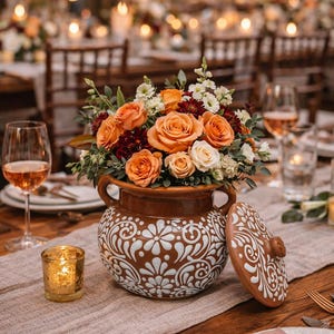 Puede incluir: Un centro de mesa floral en una maceta de cerámica marrón decorativa con un diseño floral blanco. El arreglo incluye rosas naranjas, margaritas blancas y vegetación. Una vela encendida y copas de vino están sobre la mesa.