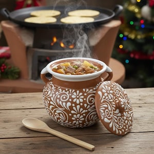 May include: A brown ceramic pot with a white floral design, filled with stew and vegetables, sits on a wooden table next to a wooden spoon. Steam rises from the pot. In the background, a traditional outdoor cooking setup with tortillas.