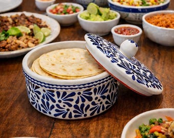 Scalda tortillas Talavera fatto a mano / Design blu e bianco