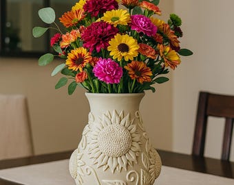 Vaso Talavera crema e fiori bianchi/Barro Mexicano Diseño Talavera. Disegno del girasole.