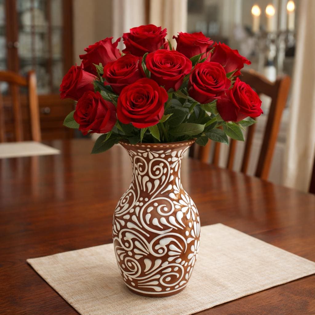 Handcrafted Talavera Flower Vase 9x5 – Brown & White Embossed