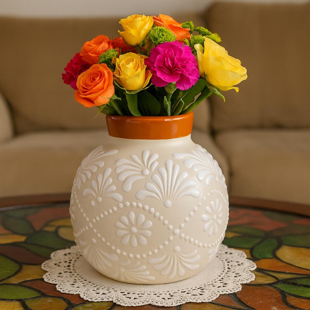 Talavera White Embossed Flower Vase 8x7x5 – Handcrafted Floral