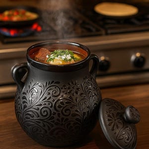 May include: A black ceramic soup pot with a lid, filled with hot soup and garnished with fresh herbs. The pot has a detailed floral pattern and two handles. Steam rises from the soup, suggesting it is freshly made.