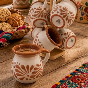 May include: White ceramic mugs with brown floral designs, displayed on a wooden rack. One mug is filled with a beverage. The mugs are on a wooden table with a colorful embroidered textile. A basket of pastries and a potted plant are in the background.