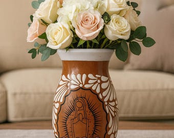 Talavera Virgin Mary Flower Vase | Brown & White Color