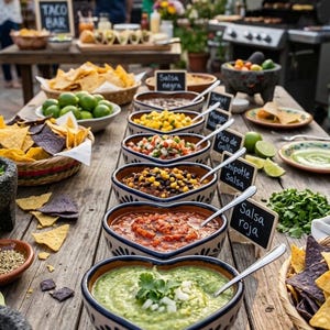 May include: A rustic wooden table displays a selection of salsas, guacamole, and tortilla chips, ideal for a taco bar. Heart-shaped bowls contain different salsas, each labelled with a small chalkboard sign. Limes and coriander add fresh accents.
