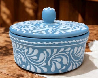 Calentador de tortillas de Talavera Mexicana Hecho a Mano: Decoración de Cocina Azul y Blanca