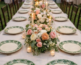 Juego de 12 platos de Talavera hechos a mano con diseño floral, elegantes para la mesa (tamaño mediano de 20 cm), color verde y blanco roto.