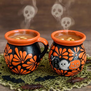 May include: Two round ceramic mugs with orange rims and black bodies featuring orange floral patterns. One mug displays the text BOO with a ghost and a jack-o'-lantern. Both mugs contain a brown liquid with steam rising in skull shapes.