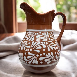 Traditional Handmade Mexican Talavera Pitcher | Brown & White