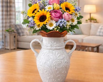Talavera Flower Vase | White Floreado Design W/ Terracotta wavy  Rim