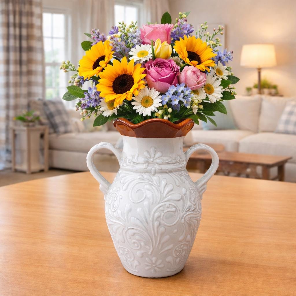 Talavera Flower Vase | White Floreado Design W/ Terracotta Wavy
