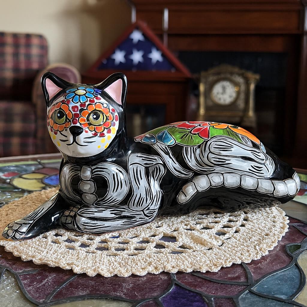 Talavera Cat Figurine 11x5.5x5.5 Handcrafted Black & Multicolor