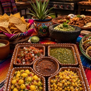 Peut inclure: Scène extérieure festive avec un drapeau mexicain, un barbecue et une table chargée de nourriture. Un plateau contient diverses salsas et plats de maïs. Des chips de tortilla et du guacamole sont également présents, suggérant un repas de fête.