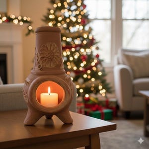 Puede incluir: Un portavelas de terracota con un diseño floral y una vela encendida en su interior. El portavelas está sobre una mesa de madera, con un árbol de Navidad al fondo. El portavelas mide aproximadamente 25 cm de altura.