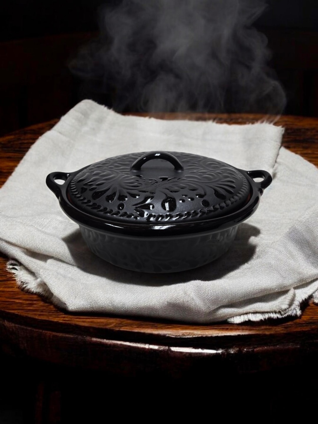 Talavera Mexican Large Casuela with Lid | Black on Black