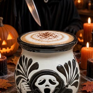 May include: A white ceramic mug with a black rim, featuring a raised black and white illustration of a masked figure holding a knife. The mug is filled with a frothy coffee beverage topped with a dusting of brown powder on the foam surface.