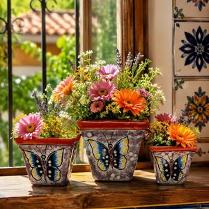 Set of 3 | Talavera Butterfly Mini Maceta Handmade