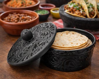 Talavera 8x3” Black Tortilla Warmer with Lid –Lead Free microwave and dishwasher safe