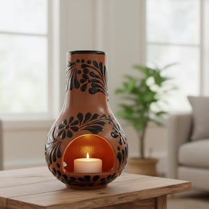 Könnte beinhalten: Ein terrakottafarbener Kerzenhalter mit schwarzen floralen Mustern. Im runden Loch brennt eine weiße Kerze. Der Kerzenhalter steht auf einem Holztisch. Das Kerzenhalter ist aus Terrakotta.