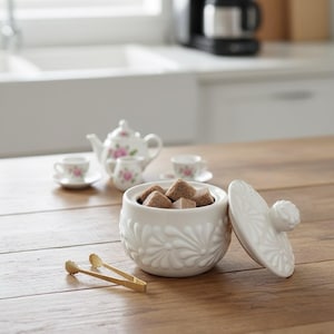 Puede incluir: Un azucarero de cerámica blanca con diseño floral, lleno de cubos de azúcar moreno, está abierto sobre una mesa de madera. Una tapa a juego descansa a su lado. Un pequeño juego de té con rosas rosas está en el fondo, junto con pinzas de azúcar doradas.