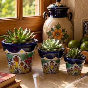 Set of 3 | Talavera Mini Maceta Handmade Decor | Blue Multicolor