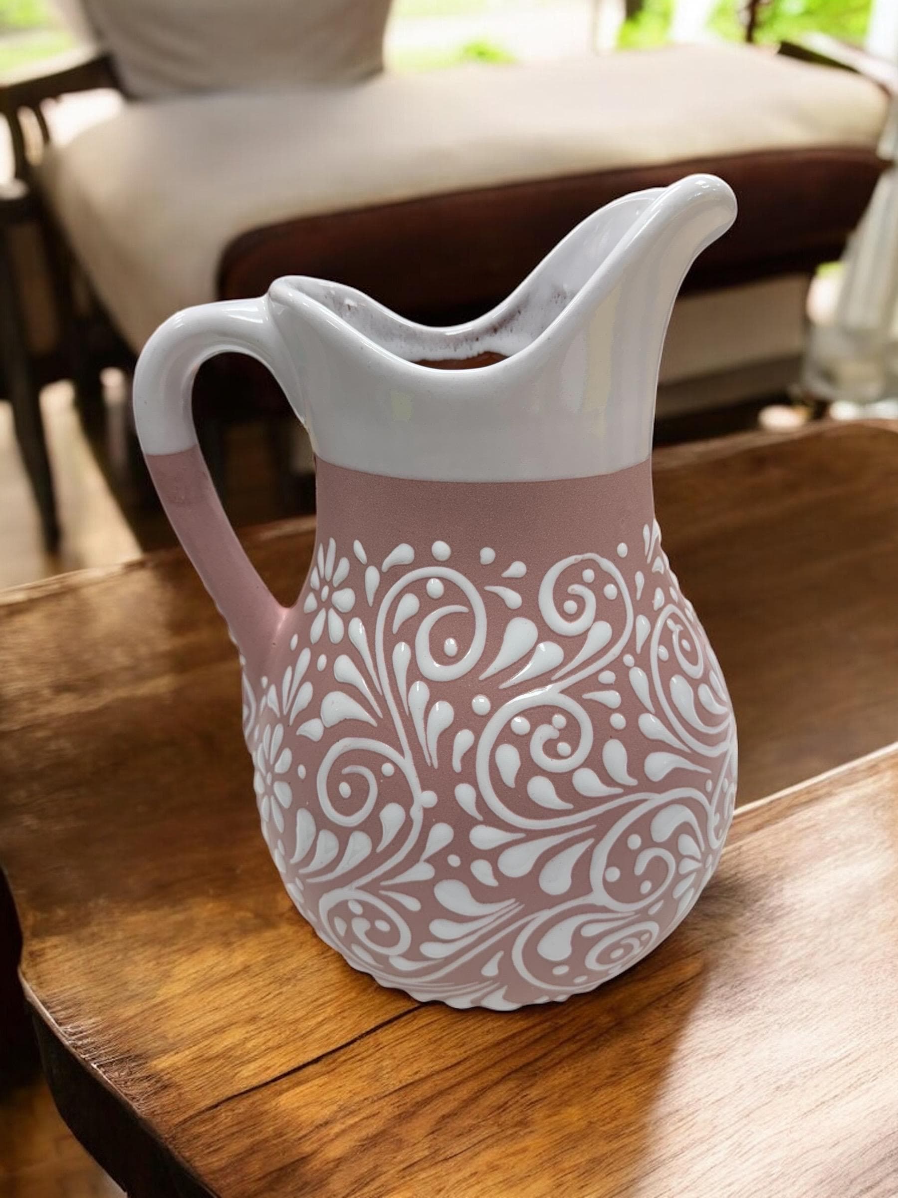 Handcrafted Talavera Pitcher 11x7 – Pink & White Swirl Floral