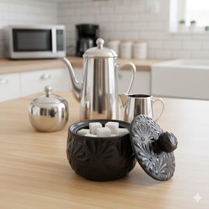 May include: A kitchen still life featuring a black sugar bowl filled with sugar cubes, a silver teapot, a creamer, and a sugar bowl with a lid. The items are arranged on a light wood table. A microwave and coffee maker are in the background.
