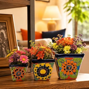 Set of 3 | Talavera Flower Design Mini Maceta Handmade