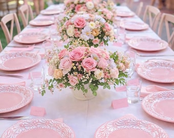 Juego de 12 platos de Talavera rosa con diseño floral artesanal, elegantes para la mesa (tamaño mediano).