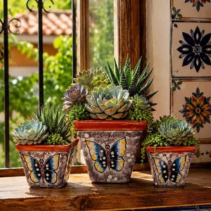 Set of 3 | Talavera Butterfly Mini Maceta Handmade