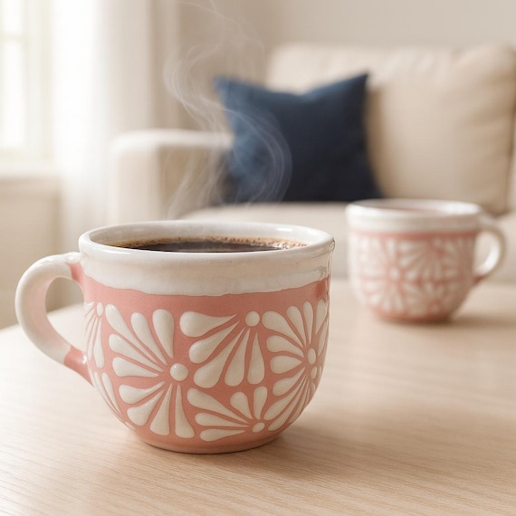 Handcrafted Pink Ceramic Mug Set of 2, with Embossed Floral Design. Pink  and white color