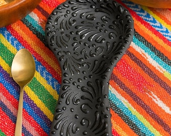 10x5 Handcrafted Black Talavera Spoon Holder – Decorative Ceramic Kitchen Utensil Rest – Lead Free