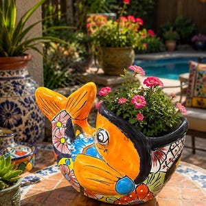 以下が含まれることがあります： オレンジ、青、花柄模様の手描きの鮮やかなセラミック魚プランター。 ピンクの花で満たされたプランターは、モザイクタイルのテーブルの上にあり、屋外の装飾に最適です。