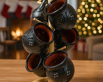 Black Mug Set of 6 w/ Stand– Lead Free - Butterfly Floral