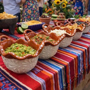 Pode incluir: Uma mesa de buffet ao ar livre festiva com vários acompanhamentos e petiscos. A mesa é coberta com um pano listrado colorido. Tigelas de cerâmica contêm guacamole, salsa e outras coberturas. Pessoas ao fundo.