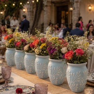 May include: A row of six light blue ceramic vases with white embossed floral patterns, each filled with a vibrant arrangement of colorful flowers including orange, pink, yellow, and purple blooms, placed on a long table with a burlap runner.