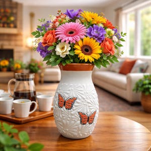 Talavera  Flower Vase – Lead Free – White w/ Brown Rim