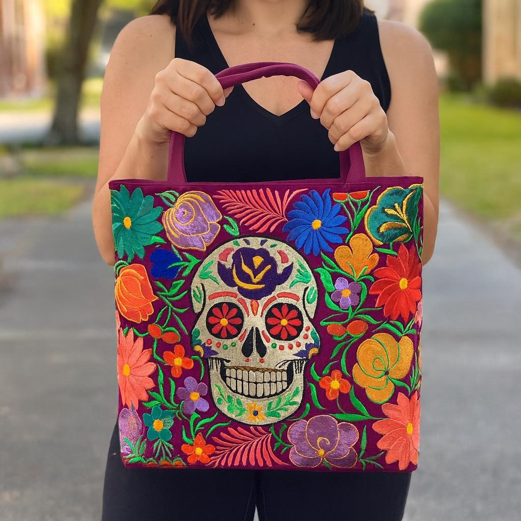 トートバッグ SKULLS&FLOWERS TOTE BAG Sugar Skull Tote Bag 15x15x4 – Handcrafted Embroidered Day of the